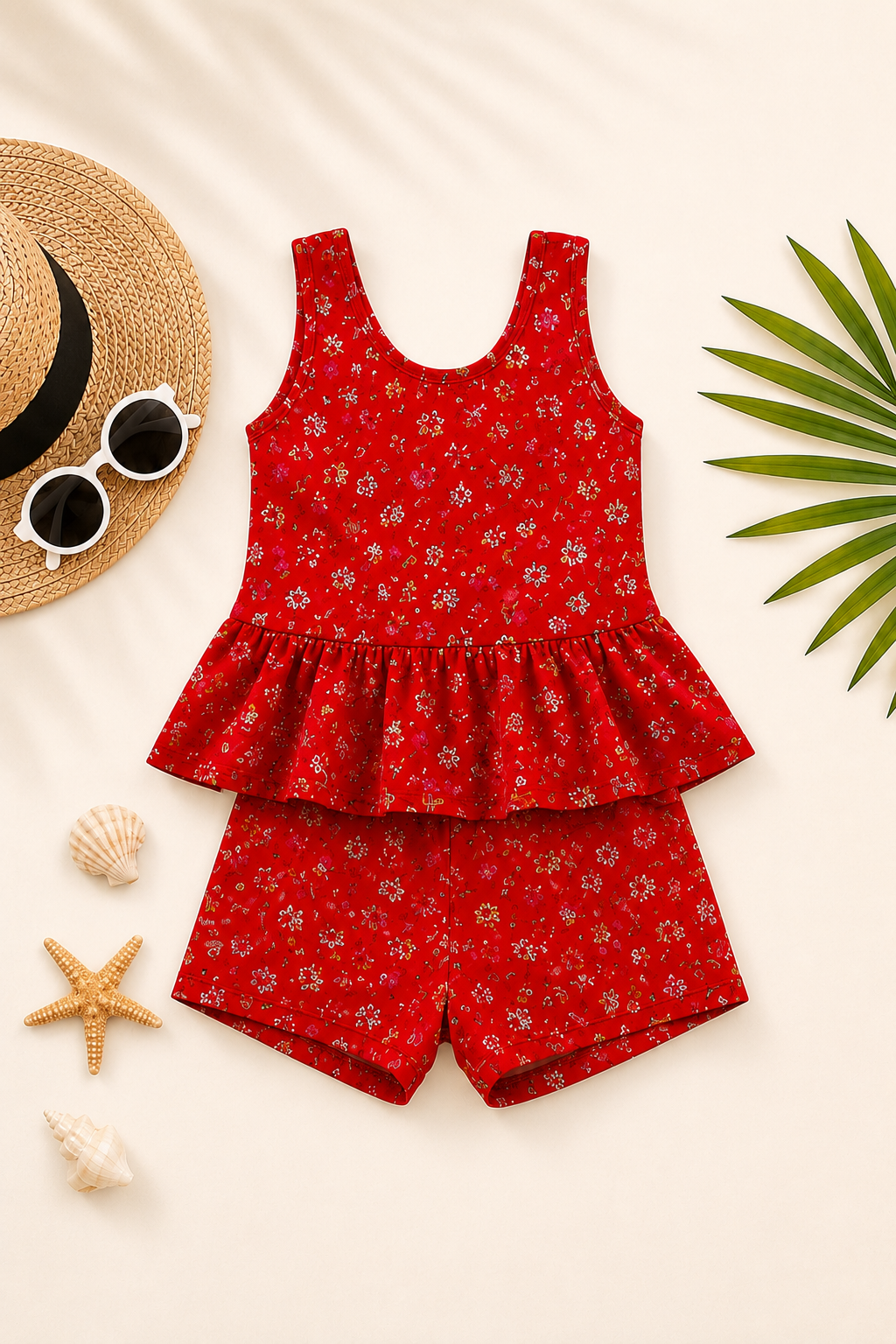Girls Red Floral Printed One-Piece Swimsuit