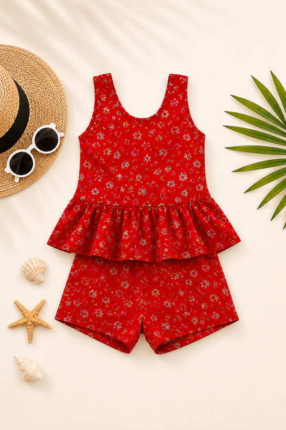 Girls Red Floral Printed One-Piece Swimsuit