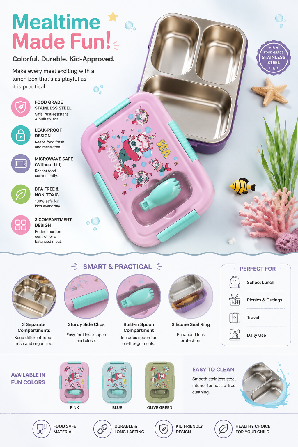 A pink and teal Mickey Mouse-themed stainless steel mealtime food tray with a lid, shown on a colorful infographic background with product features, icons, and smaller color options.
