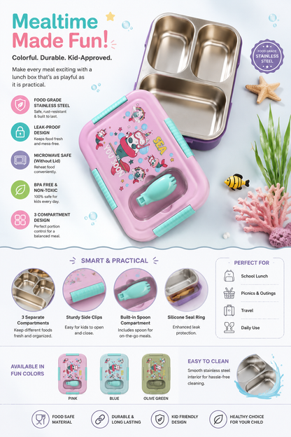 A pink and teal Mickey Mouse-themed stainless steel mealtime food tray with a lid, shown on a colorful infographic background with product features, icons, and smaller color options.