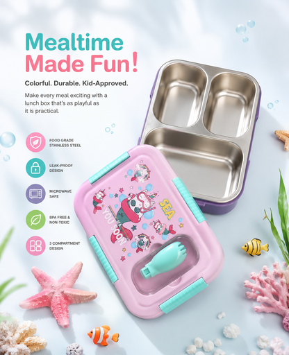 A kid-friendly stainless steel bento lunch box set shown on a light blue background with coral and fish props. One compartment is open, revealing a shiny silver interior, while another pink lunch box with a cartoon character print and turquoise latch is placed in front.