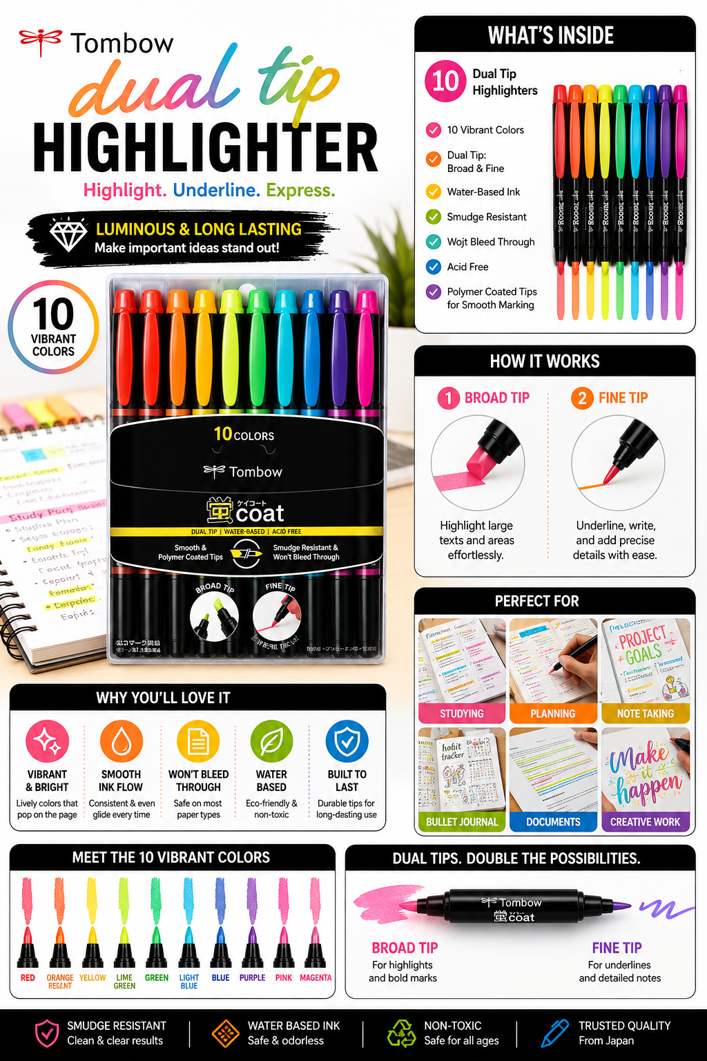 Tombow Edge Highlighter Pen Set of 10 | Dual Tip Design