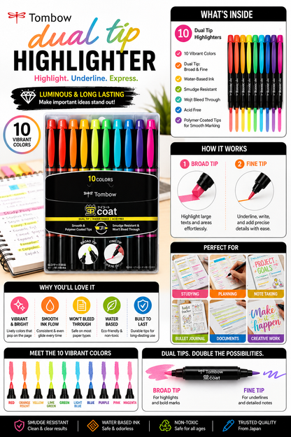 Tombow Edge Highlighter Pen Set of 10 | Dual Tip Design