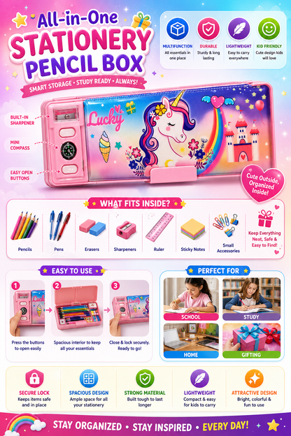 Unicorn Multi-Compartment Pencil Box with Sharpener | Push Button Storage Case