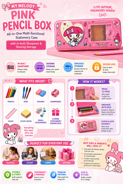 Cute My Melody Cartoon Metal Pencil Box | Pink Stationery Box for Kids