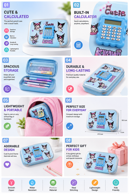 Kuromi EVA Hardshell Pencil Case with Calculator Design | Multipurpose Stationery Storage Box for Kids