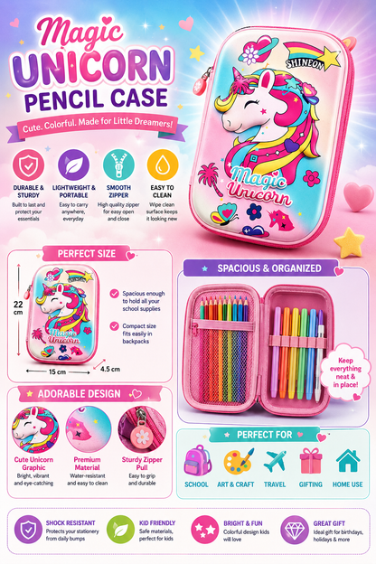 Unicorn Hard Top Pencil Pouch with Rainbow Print | Durable Zipper Pencil Case for School Kids