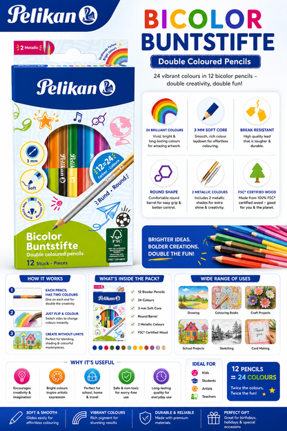 Pelikan Bicolour Colour Pencils Pack of 12 | 24 Shades for Drawing & Colouring