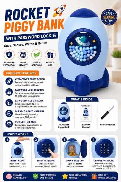 Rocket Shape Piggy Bank | Coin Saving Box for Children with Security Lock