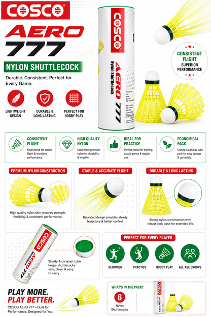 Aero 777 Nylon ShuttleCock Cosco  | Durable Badminton Shuttle (Pack of 6)