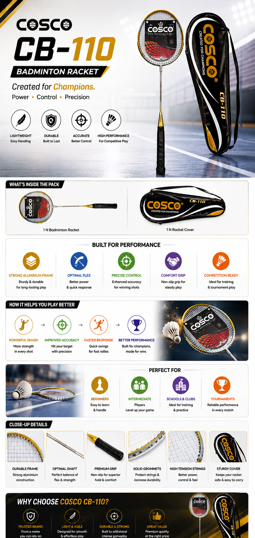 COSCO CB-110 Yellow Aluminium Badminton Racket | User-Friendly for Beginners