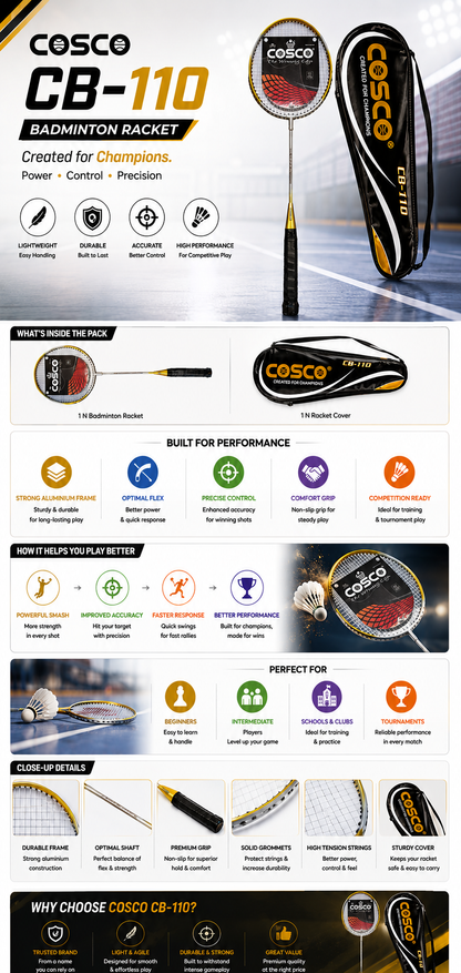 COSCO CB-110 Yellow Aluminium Badminton Racket | User-Friendly for Beginners