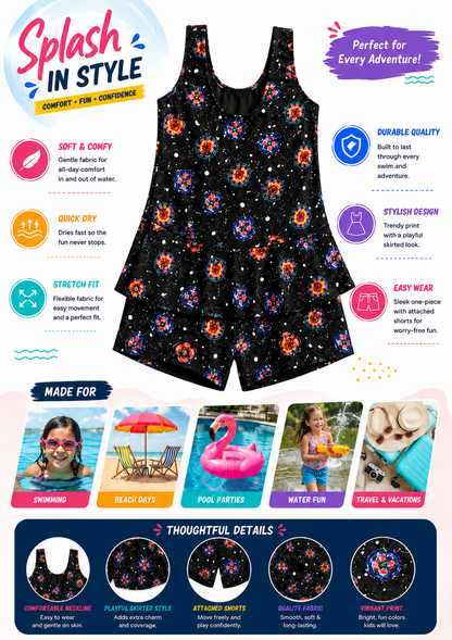 Stylish Girls Sleeveless swim suit with Colorful Floral and Cosmic Print