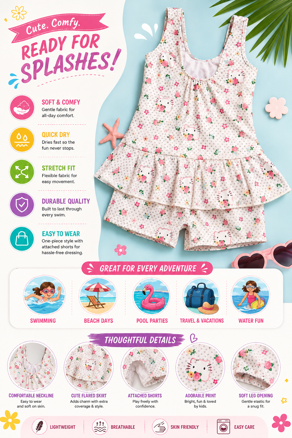 Girls Floral Dotted My Melody Swimming Costume with Shorts