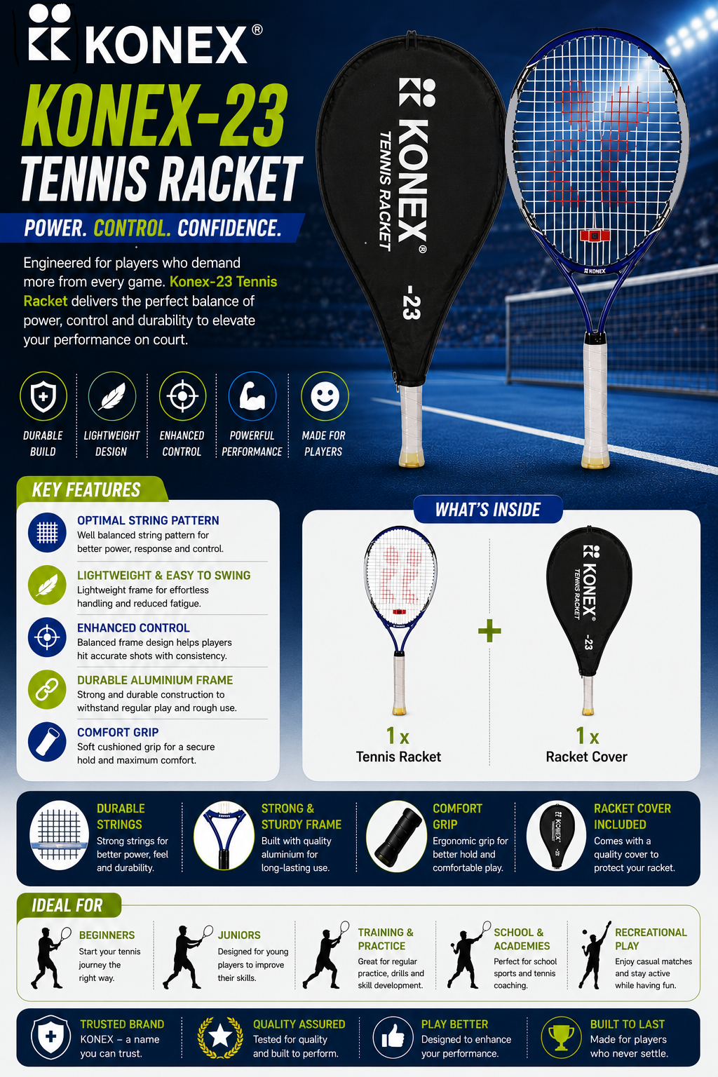 Konex 23-Inch Lawn Tennis Racquet | Ideal for Junior Players
