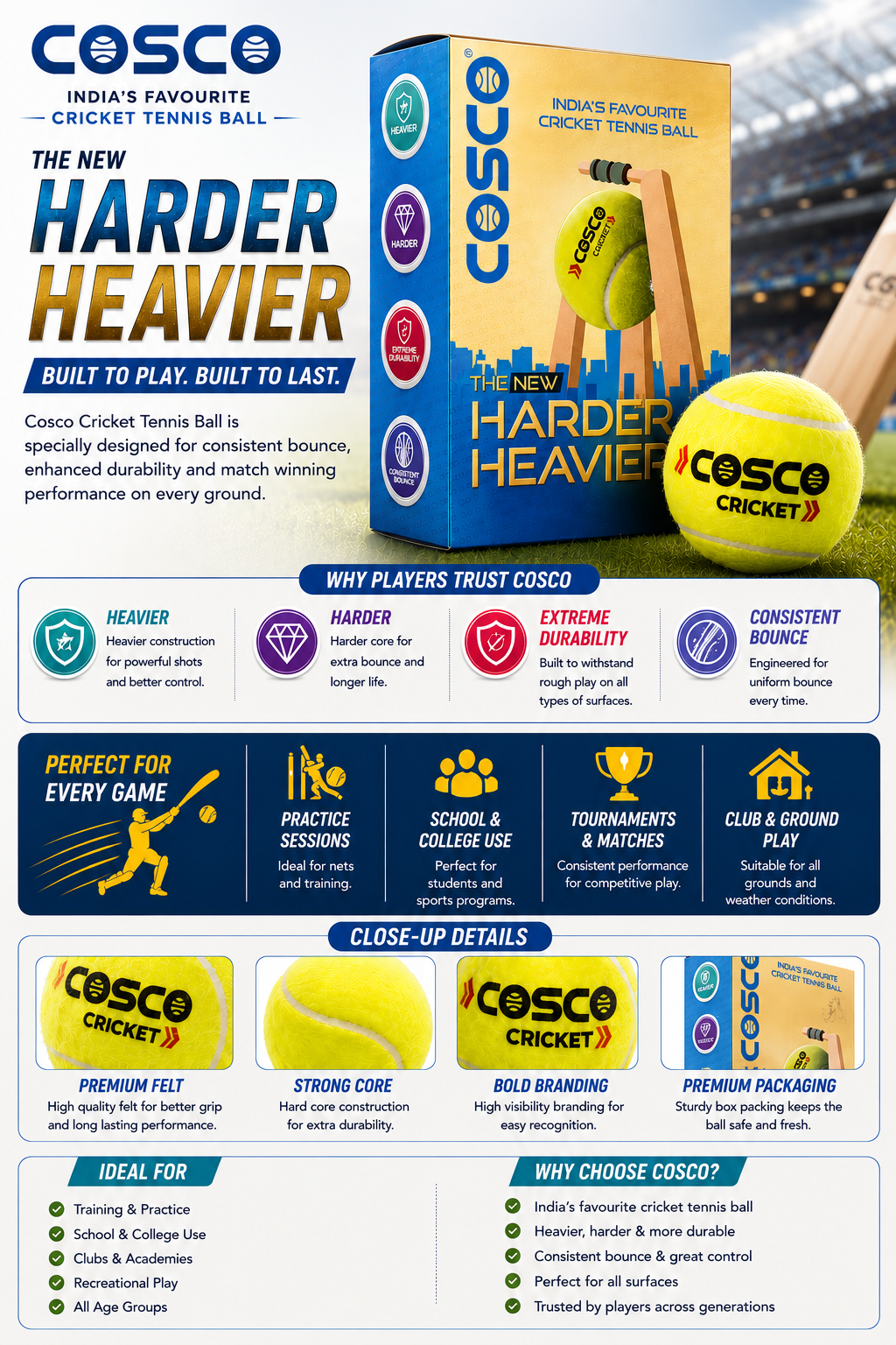 COSCO Harder Heavier Cricket Tennis Ball Pack of 6 | Durable Felt-Covered Practice Balls