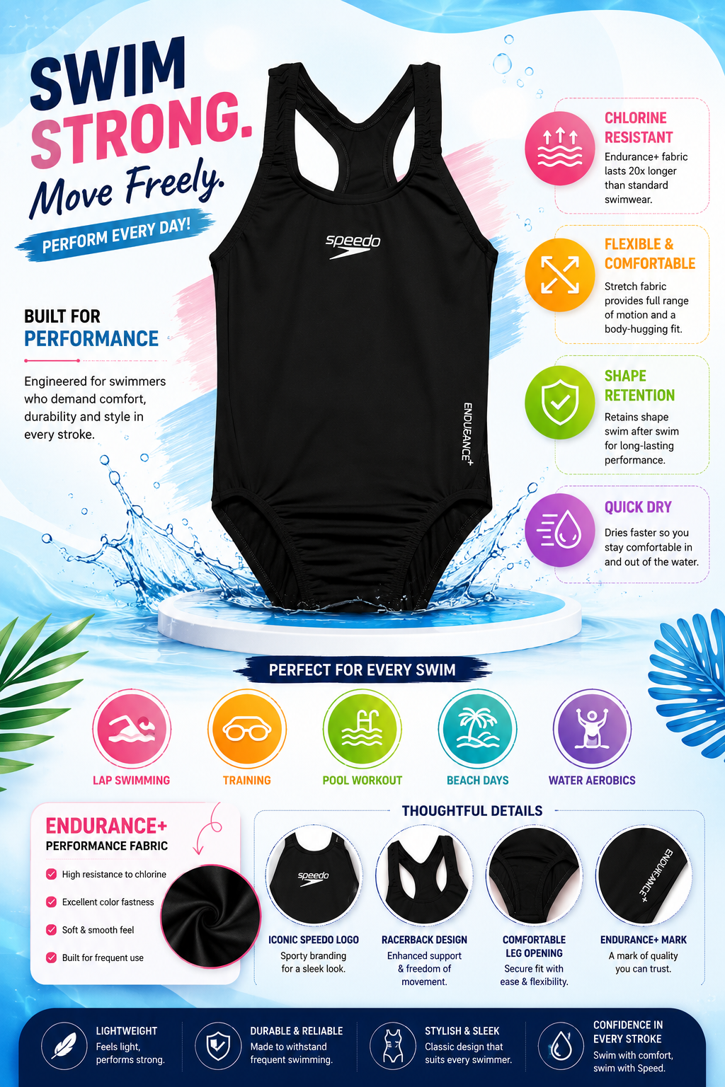 Speedo Girls Classic Black One-Piece Swimwear with Comfortable Stretch Fit