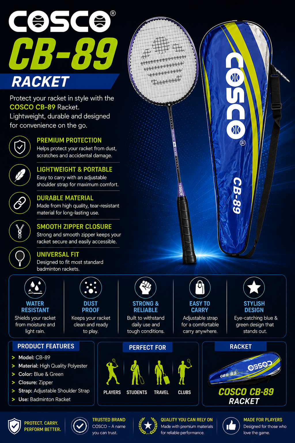 COSCO CB-89 Recreational Badminton Racket | Steel Shaft | G5 Grip