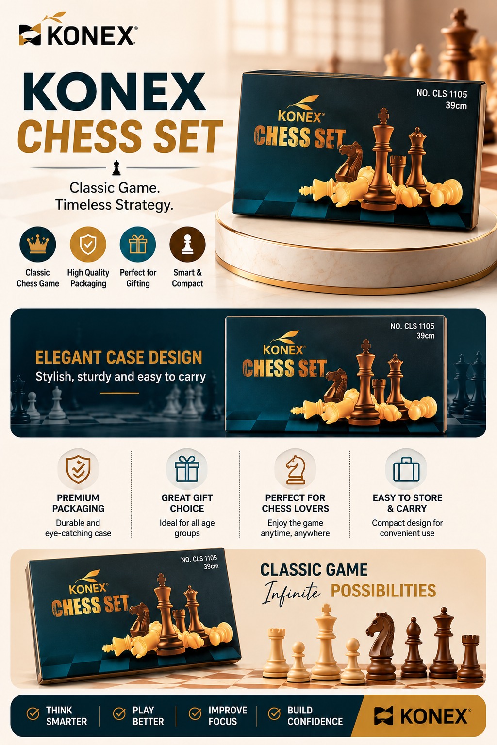 KONEX Chess Board Set CLS-1105 | Classic Foldable Chess Game