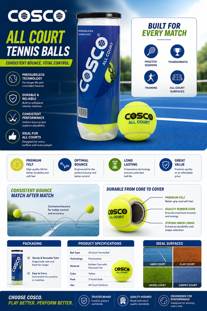COSCO All Court Tennis Balls | High Durability Tennis Ball Can (Pack of 3)