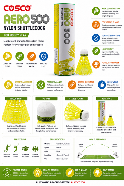 COSCO Aero 500 Shuttlecock | Durable Nylon Badminton Shuttle