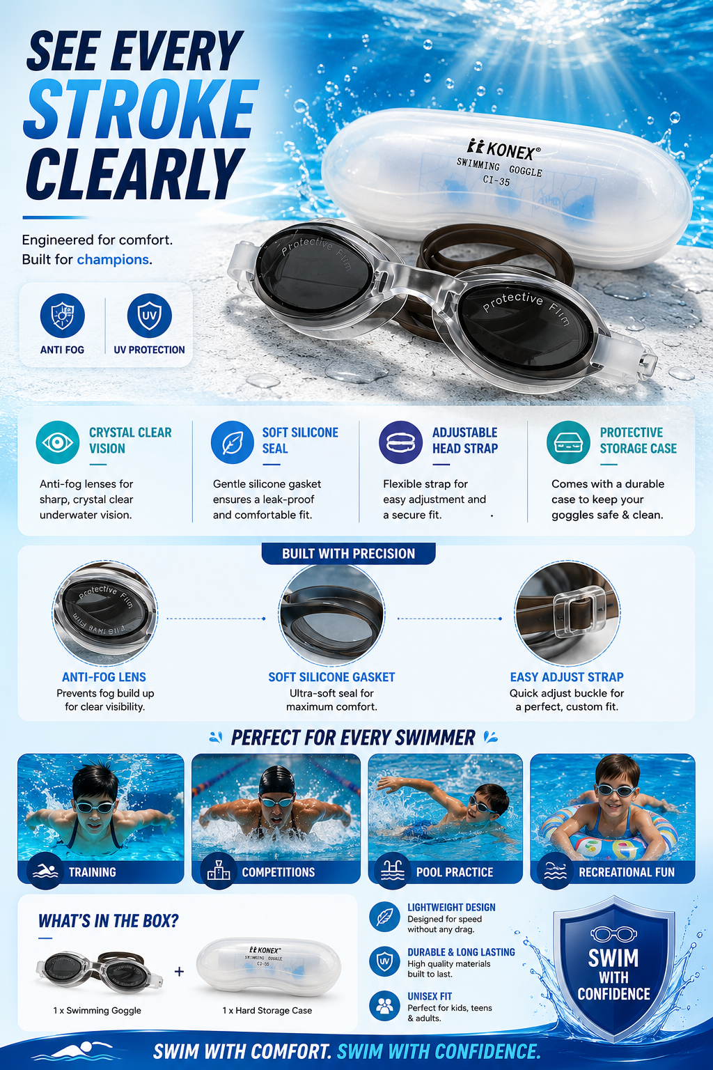 KK Konex CI-35 Anti-Fog Swimming Goggles with Protective Film
