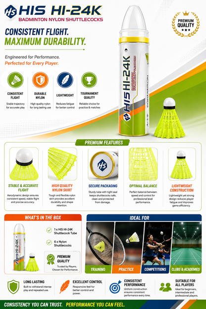 HI5 HI-24K Badminton Shuttle Cock | Nylon Plastic Shuttlecocks Pack of 6