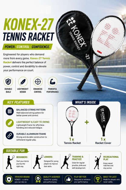 Konex 27-Inch Tennis Racket | Full-Size Aluminium Frame with Cover