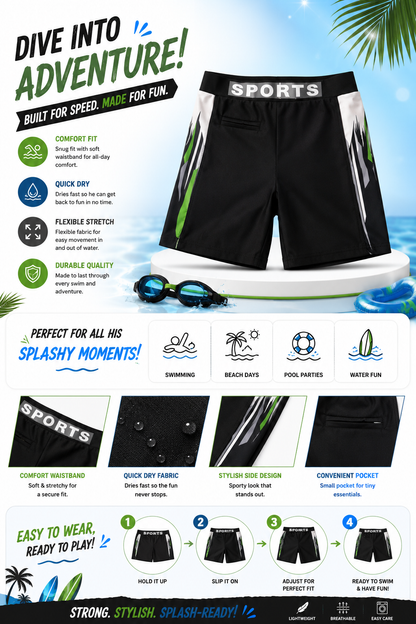 Boys Black Sports Swim Trunks with styls Patterned Side Stripes