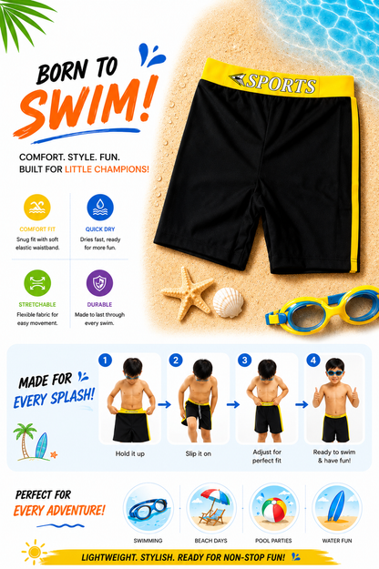 Boys Athletic Yellow Swim Trunks with Contrast Side Panels