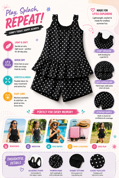 Girls Stylish Polka Dot Swimwear Set with Sleeveless Top and Shorts