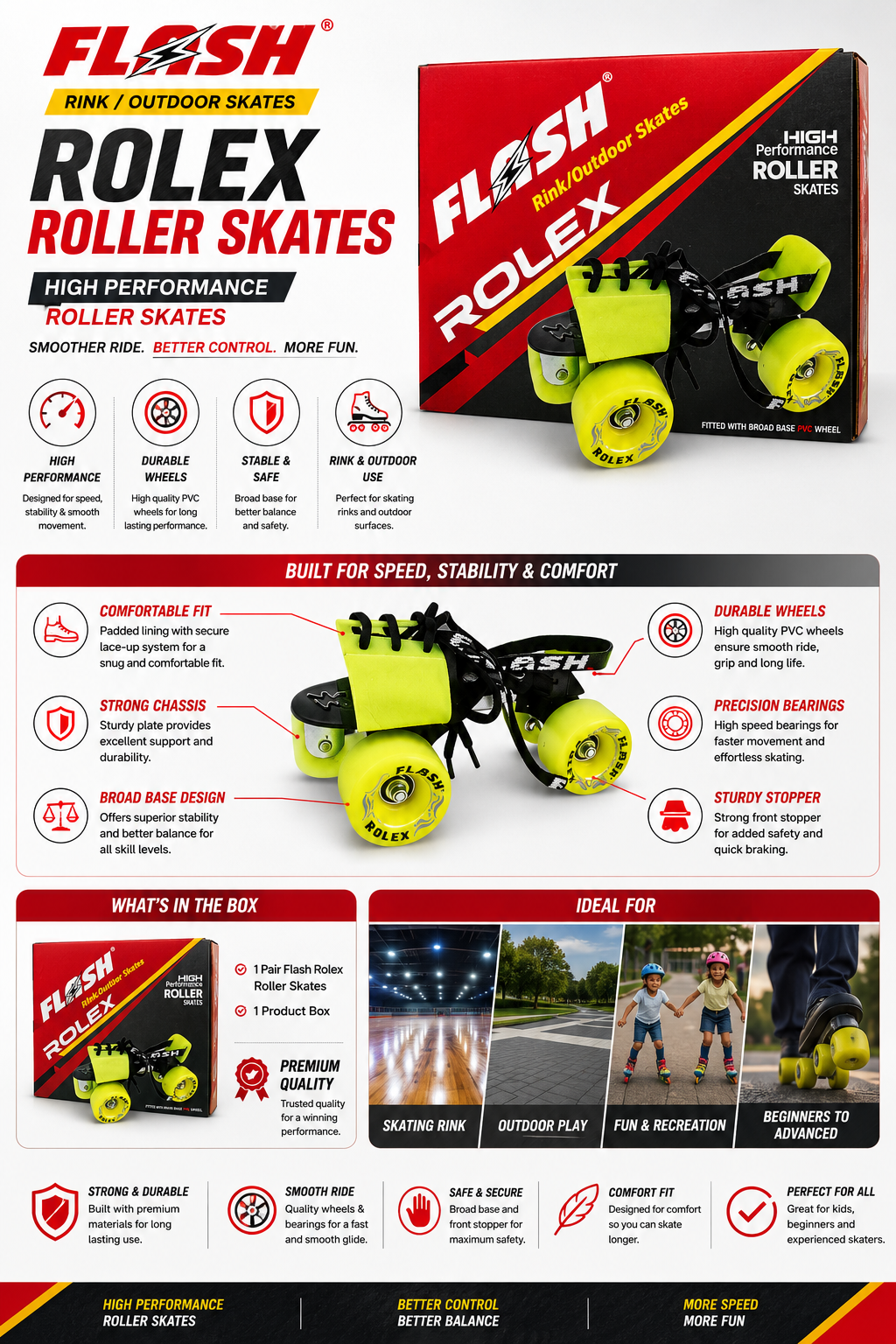 FLASH Rolex Adjustable Quad Roller Skates For Kids Age Group 6-14 Years Old| High Performance Rink & Outdoor Skates for Everyday Use