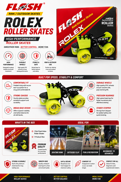 FLASH Rolex Adjustable Quad Roller Skates For Kids Age Group 6-14 Years Old| High Performance Rink & Outdoor Skates for Everyday Use