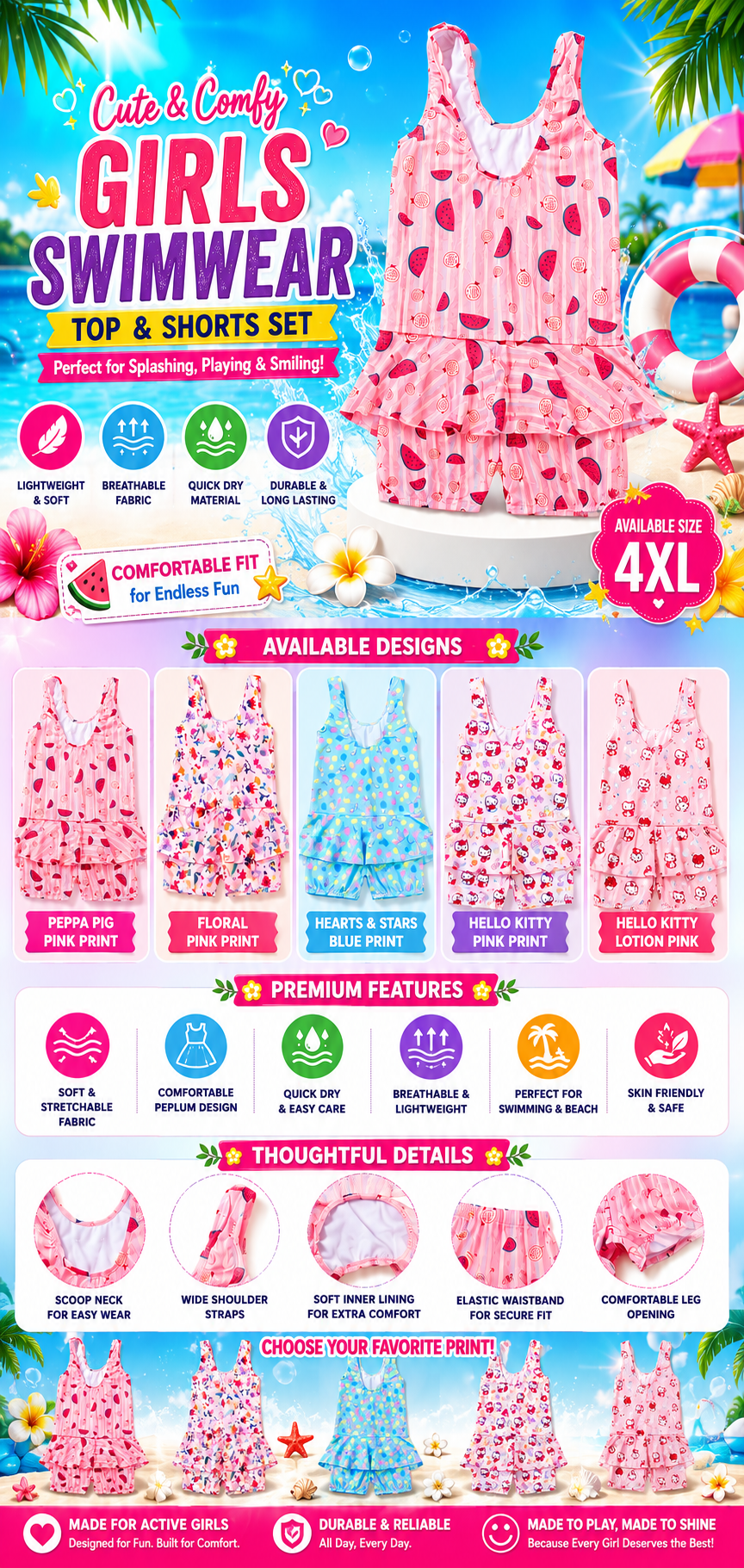 Girls' Printed Swimwear Set | One-Piece Swimsuit with Attached Shorts | 4XL