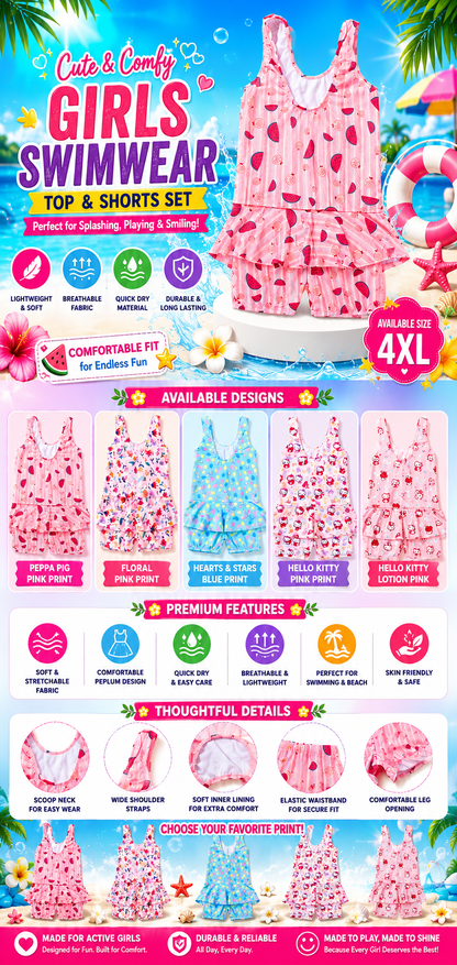 Girls' Printed Swimwear Set | One-Piece Swimsuit with Attached Shorts | 4XL