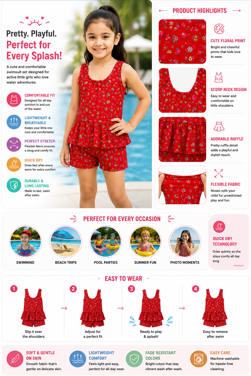 Girls Red Floral Printed One-Piece Swimsuit with Shorts
