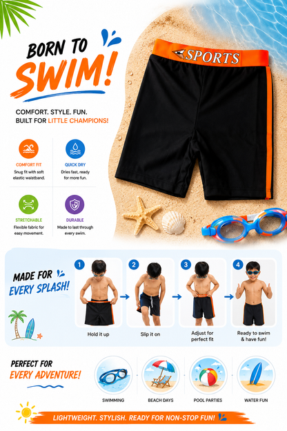 Boys Sports Swim Trunks with Contrast Side Stripes