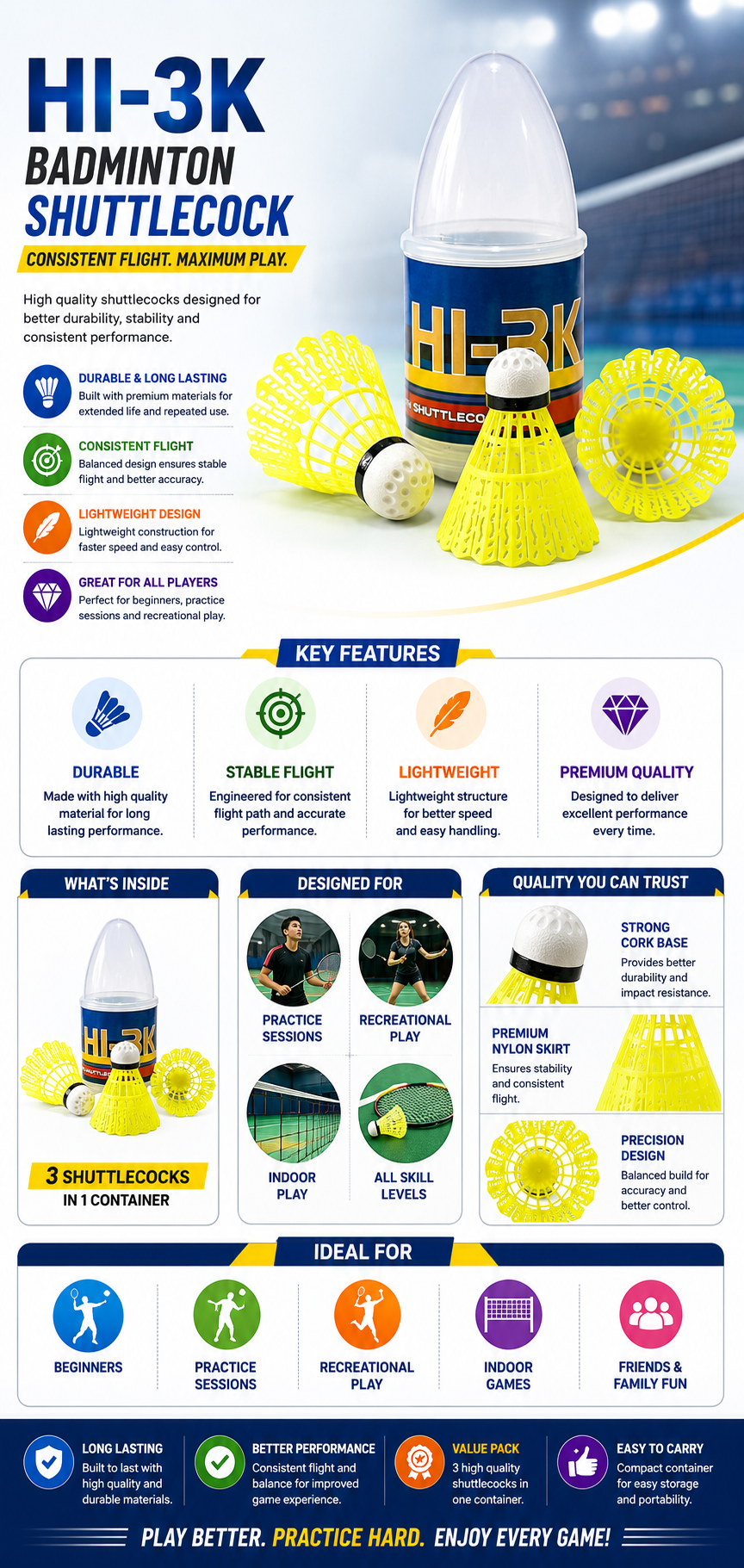HI5 HI-3K Shuttlecock Set | Durable Nylon Badminton Shuttle for Beginners & Practice