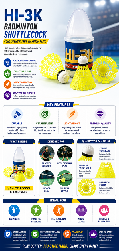 HI5 HI-3K Shuttlecock Set | Durable Nylon Badminton Shuttle for Beginners & Practice