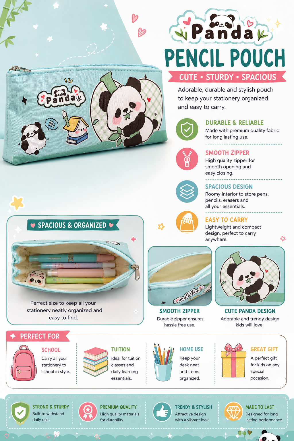 Cute Panda Pencil Pouch for Kids | Zippered Stationery Organizer Case