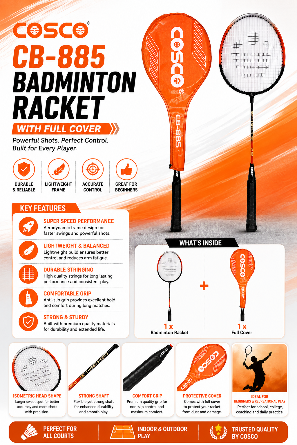 COSCO CB-885 Aluminium Badminton Racquet | Beginner-Friendly Design