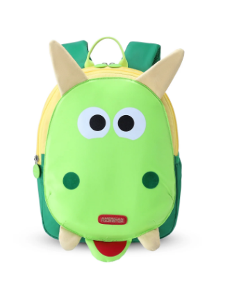 A green dinosaur-shaped children's backpack with beige horns, large cartoon eyes, a red tongue, and a small red Fisher-Price logo on the front, shown on a plain white background.