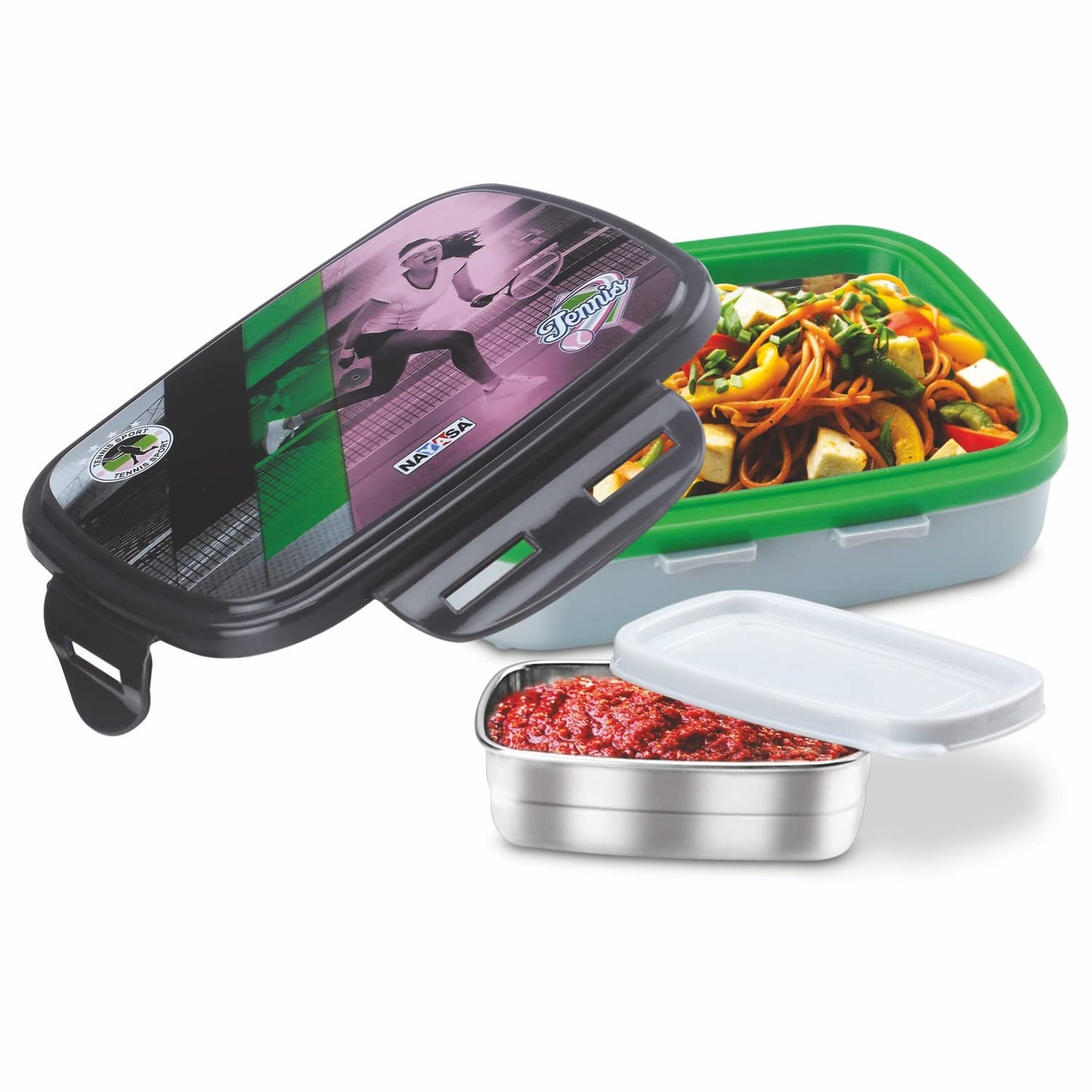 A rectangular stainless steel lunch container set with a printed black and purple lid featuring a tennis player and the brand name 'Tennis', shown with a green-lidded container filled with pasta salad and a separate stainless steel compartment containing red sauce.