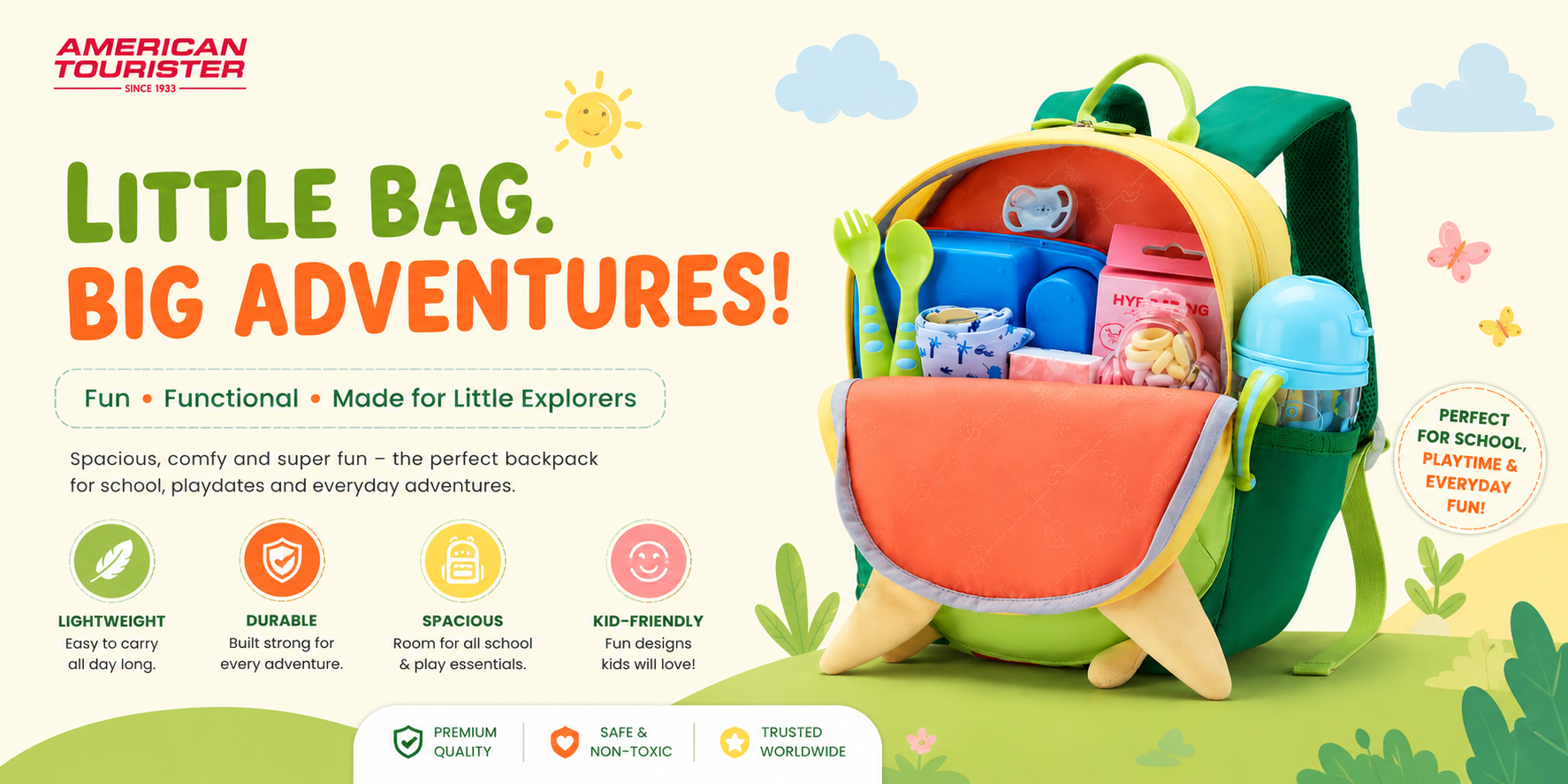 A colorful children's backpack shown on a playful illustrated background with text reading 'Little Bag. Big Adventures!' and 'Fun.