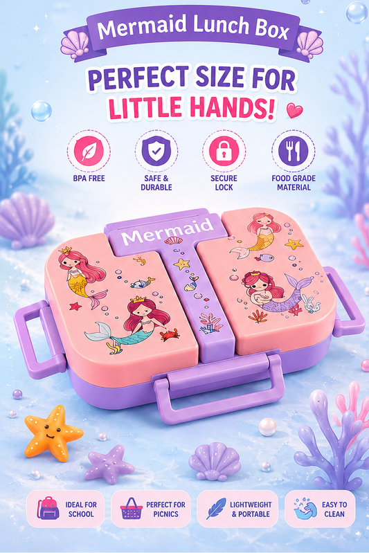 Mermaid-themed lunch box with pink and purple compartments, decorated with mermaid illustrations, shown on a blue underwater-style background with promotional text and icons.