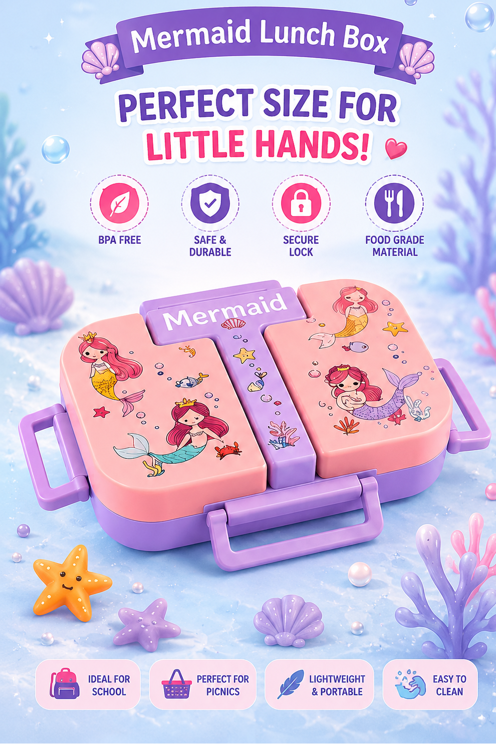 Mermaid-themed lunch box with pink and purple compartments, decorated with mermaid illustrations, shown on a blue underwater-style background with promotional text and icons.
