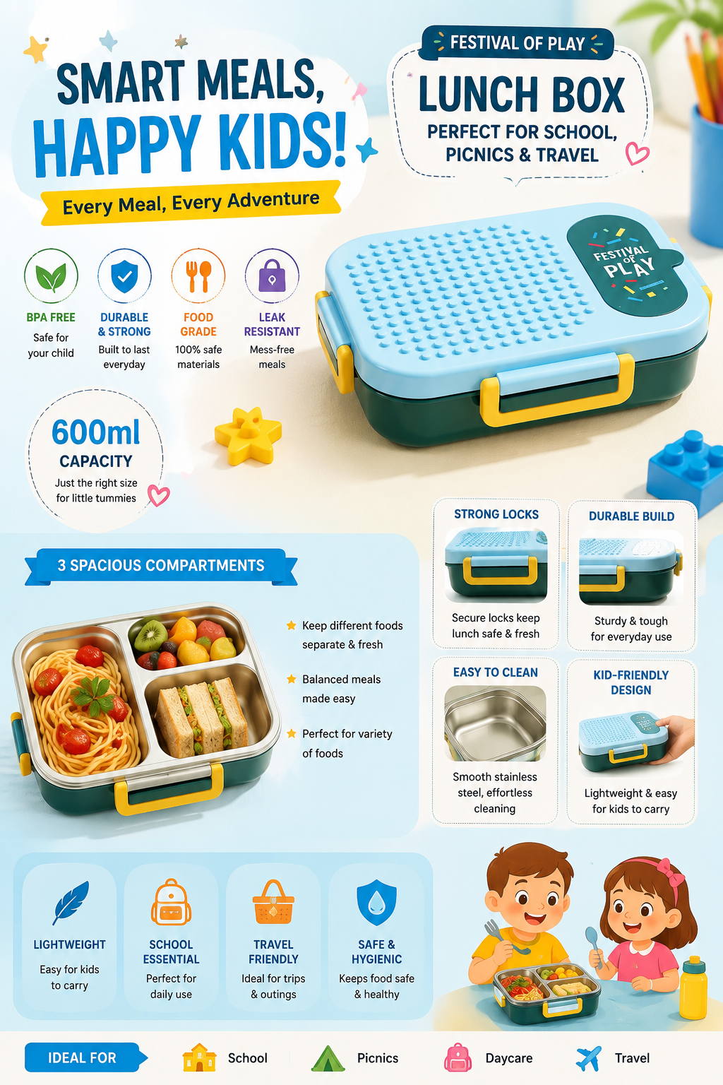  a smart kids' lunch box. The main product shown is a teal and yellow lunch box with a digital temperature display on the lid.