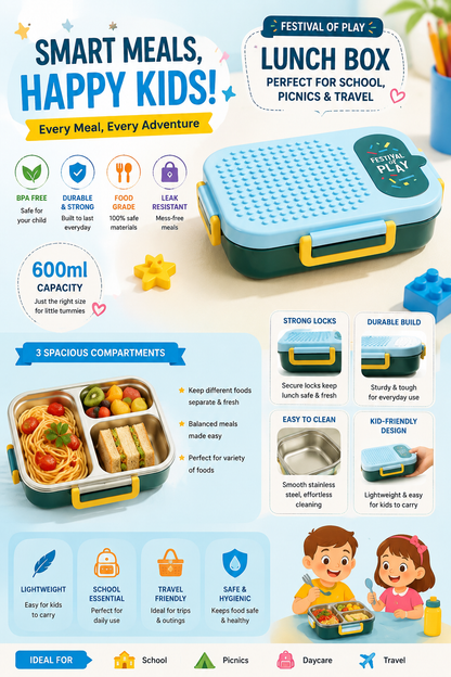  a smart kids' lunch box. The main product shown is a teal and yellow lunch box with a digital temperature display on the lid.