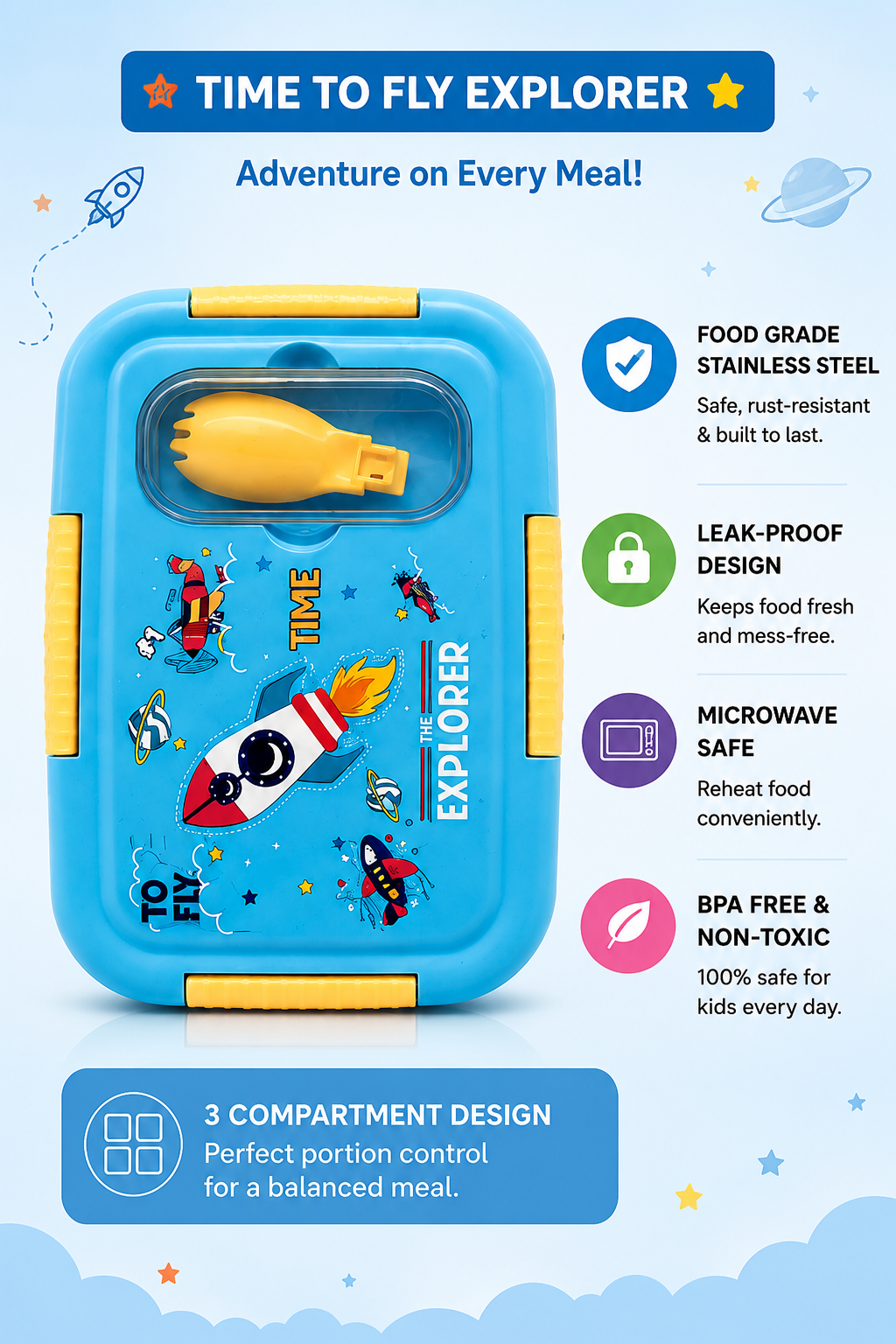 A blue and yellow 3-compartment kids' lunch box with a space-themed design, shown on a light blue background with promotional text and icons highlighting its features.