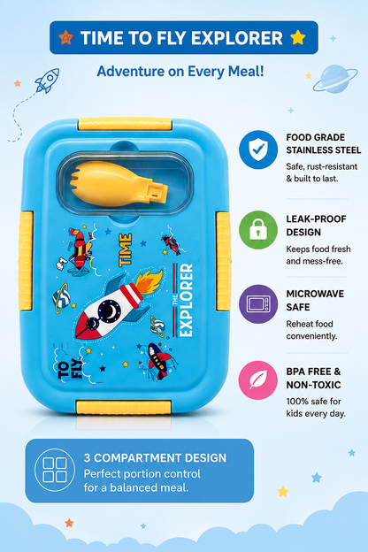 A blue and yellow 3-compartment kids' lunch box with a space-themed design, shown on a light blue background with promotional text and icons highlighting its features.